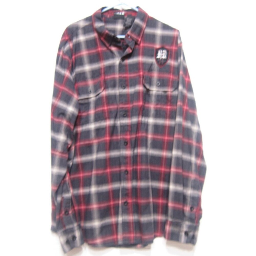 Harley Davidson Red-Black-Gray Plaid Long Sleeve Buttoned Down Shirt Size 2XL